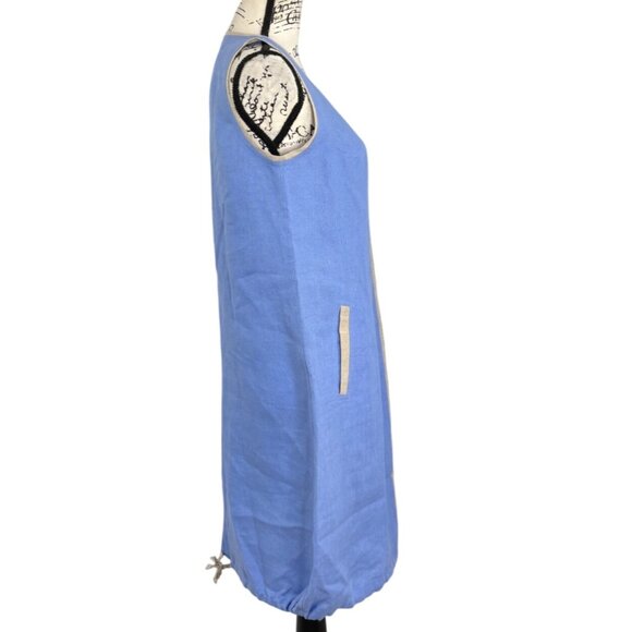iLinen Sleeveless Linen Shift Dress Blue With Beige Trim & Pockets Size M - Picture 2 of 8